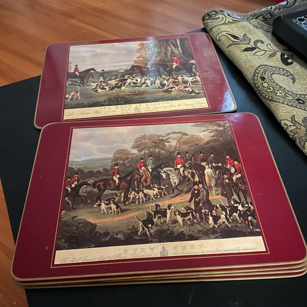 Five Acrylic, cork back of English hunting scene placemats